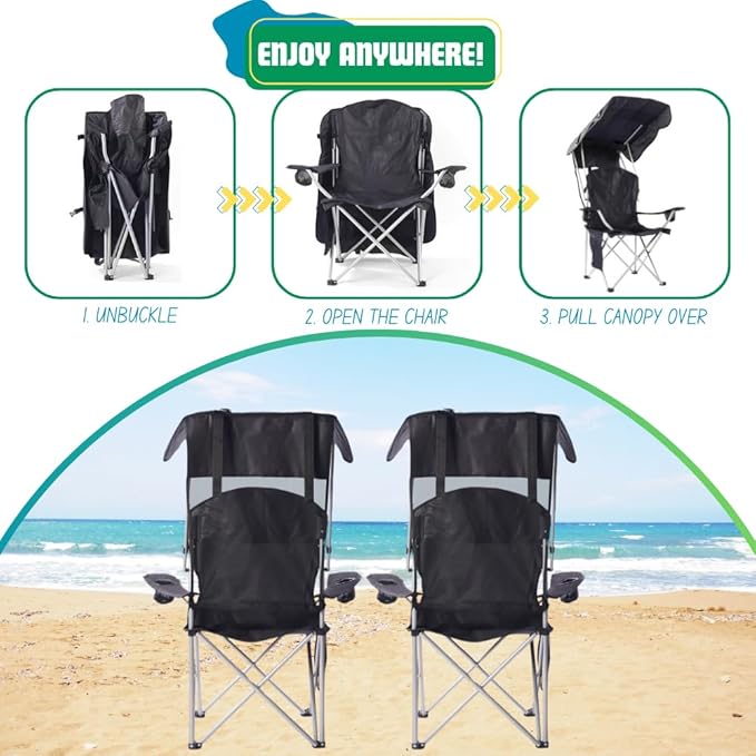 EZONE Folding Canopy Camp Chair for Outdoors Shade Canopy Portable Chair Camping Tailgates Beach Pool Lawn Chair Sunshade Travel Chair Folding Camping Chair (Upgraded - Green)