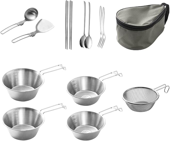 Stainless Steel Camping Tableware Kit with Bowls Strainer Spatula Spoon Chopsticks Storage Bag for Hiking Picnic