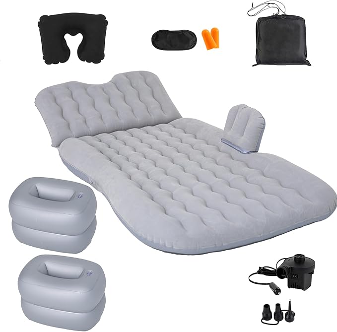 Inflatable Car Air Mattress Back Seat Bed with Air PumpPortable Thickened Car Travel Camping Sleeping Air Mattress Blow Up Bed for Car Universal SUV