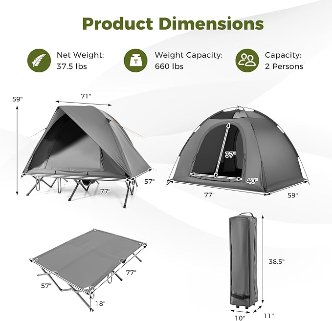 GYMAX 2-Person Tent Cot 3 in 1 Folding Off-Ground Cot Bed Combo with Portable Wheeled Bag Waterproof Rainfly 2 Mesh Doors &amp Skylight Roof for Hiking Backpacking Outdoor