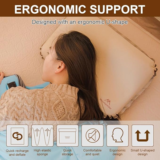 Ultralight Inflatable Pillow High Rebound Compressible Travel Pillow Neck Protect Portable Self Inflating Pillow for Camping Travel Hiking (Khaki Inflatable Pillow)