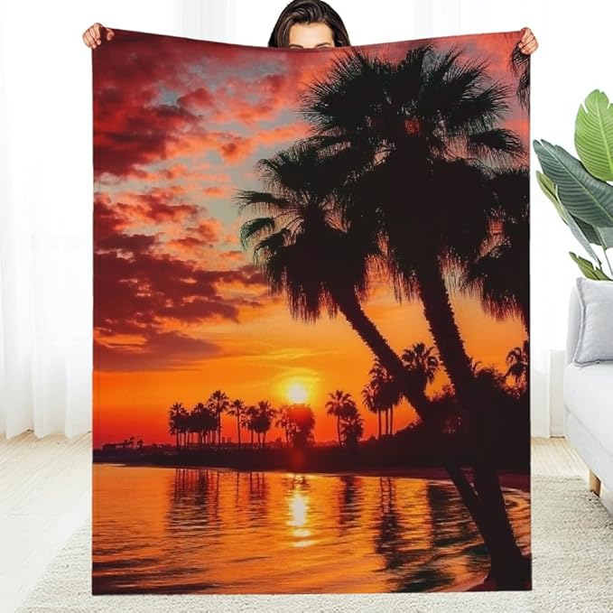 Sunset Palm Trees Water Flannel Blanket Soft Cozy Multifunctional Blanket for Sofa Travel Camping All Season Use 40x50in