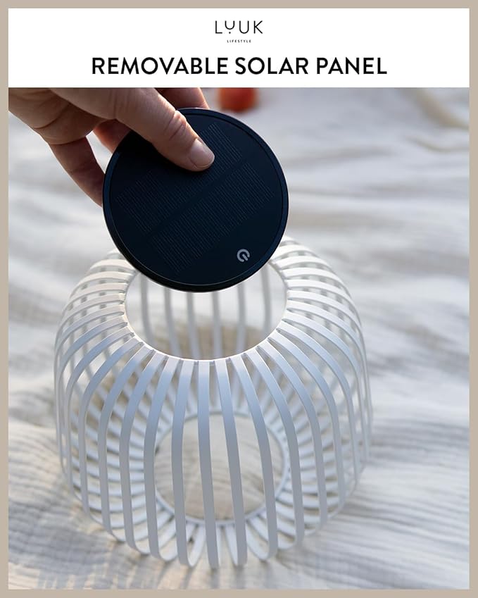 LUUK LIFESTYLE Solar-Powered Outdoor LED lamp for Balcony Lighting for Indoors and Outdoors dimmable Touch Switch Fast Charging via Solar Panel for 72 hrs runtime White