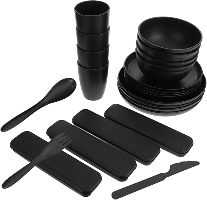4sets Black Picnic Camping Utensil Set Cutlery Case Bowl Plate Cup Rv Dishes Dish