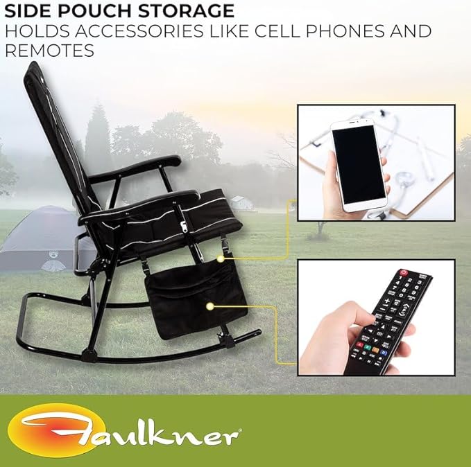 Faulkner Dakota Folding Rocking Chair Black Padded Seat and Backrest Lightweight Steel Frame Side Pouch 300 lb Capacity Foldable Outdoor Camping and Patio Chair