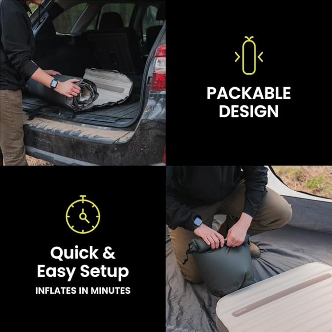 Luno Hybrid PRO Air + Memory Foam Camping Mattress for Tent &amp Car - 4 Self Inflating Camping Pad for Sleeping Ultra Packable Design - Universal Fit w/AirRoll Bag Repair Patch &amp Head Support