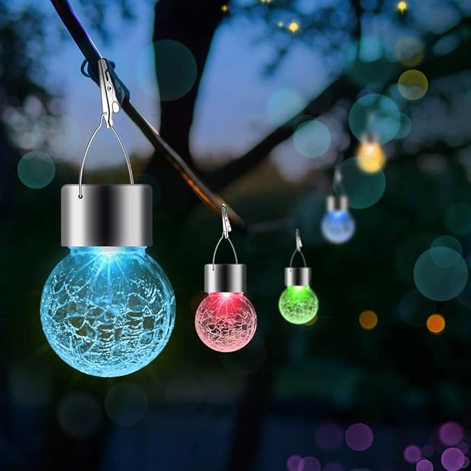 32 Pack Hanging Solar Lights Outdoor Decorative Waterproof Solar Globe Lantern with Handle and Clip Solar Powered Cracked Glass Ball Lights for Garden Yard Patio Fence Tree Umbrella Holiday Décor