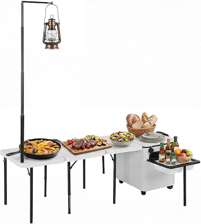Multifunctional Outdoor Kitchen Station with Wheels Folding Overland Camping Kitchen Table with Light Poles for Picnic Party Beach BBQ Cooking Indoor