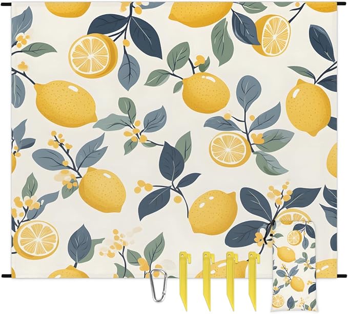 Waterproof Sandproof Beach Blanket 59''×68'' Lemon Flower Polyester Outdoor Picnic Blanket with 4 Stakes &amp Storage Bag for BeachCampingVacation Fruit