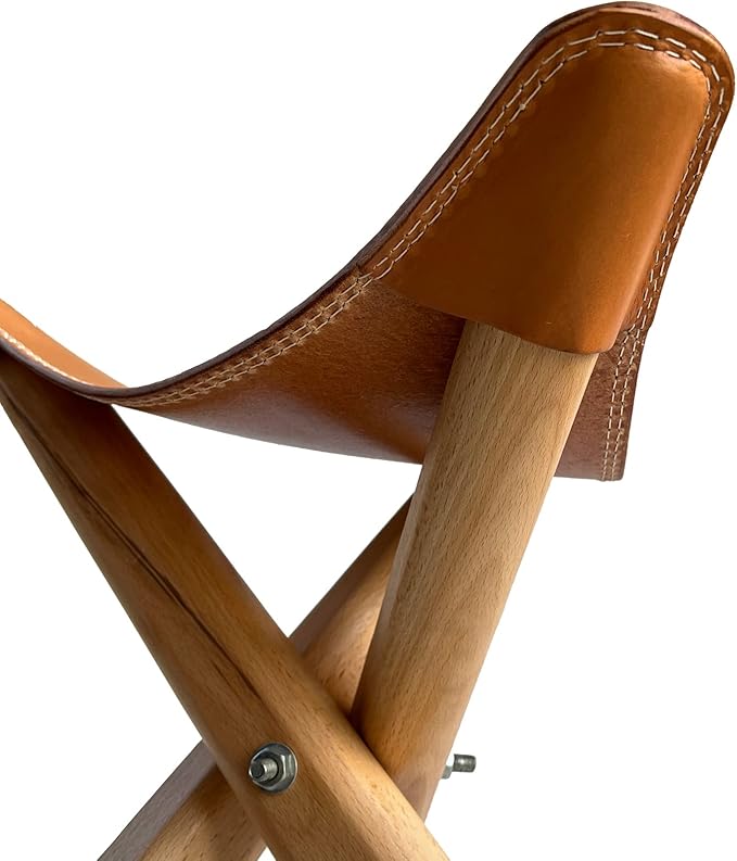 Leather Stool Portable Beech Wood Artist Folding Stool Italian Top Vegetable Tanned Leather Seat Home Fashion Genuine Leather Director’s Stool for Home Outdoor Camping Fishing (Three Leg)