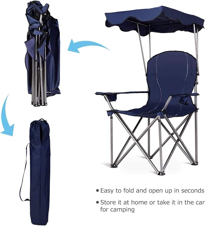 GYMAX Camping Chair Folding Outdoor Lawn Chair with Canopy Carry Bag &amp Cup Holder Portable Heavy Duty Camp Chair for Outside Travel Picnic Beach Soccer Chairs (Blue)