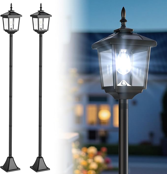 Greluna Solar Lamp Post Light Outdoor Cool White IP45 Waterproof Solar Post Lights Outdoor Pole Lights Decorative Lamp for Yard Garden Patio Lawn Pathway Driveway Front/Back Door 2 Pack