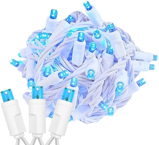 Novelty Lights 34ft Christmas String Lights 100 Blue LED Bulbs on White Wire 4 Spacing Connectable Indoor Outdoor Commercial Grade Lighting for Holidays Patio Weddings