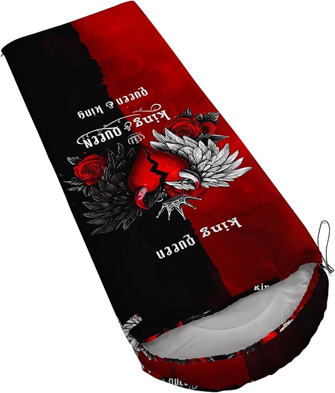 AILONEN 3D Printed Sleeping Bag 90x31 Weatherproof Lightweight Sleeping Bag with Portable Bag King Queen Red Black Heart Crown Theme for Camping Hiking Outdoor Adventures