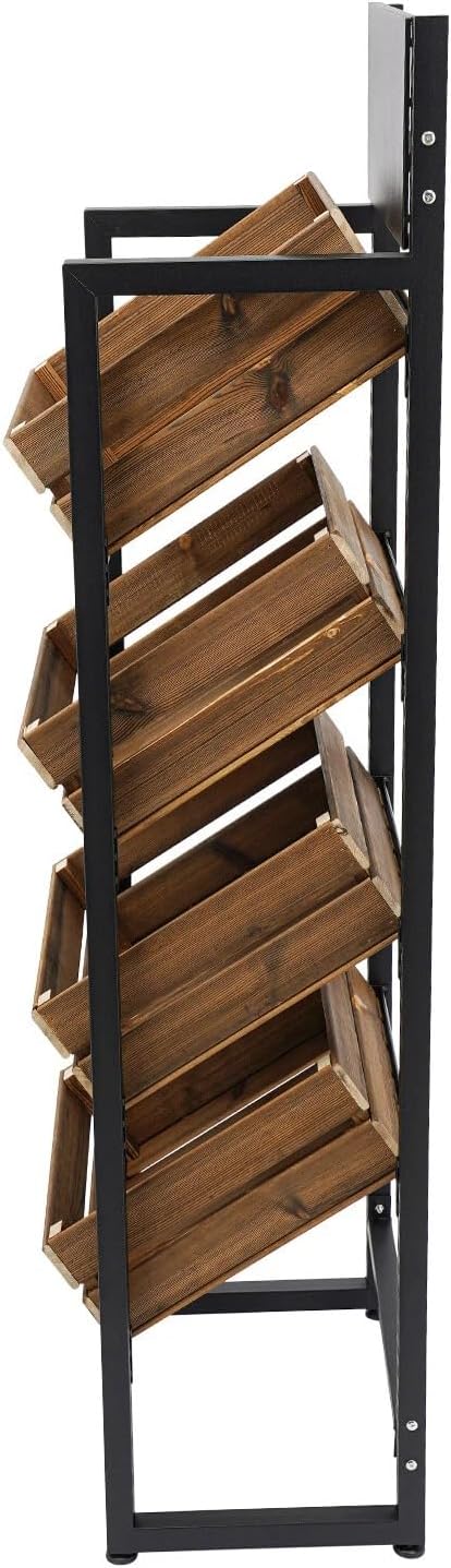 Wooden Fruit Vegetable Storage Rack 4 Tier Solid Wood Baskets Charcoal Iron Frame Heavy Duty 44.09lbs Per Shelf Capacity For Kitchen Pantry Produce Store Display Easy Assembly Adjustable Feet