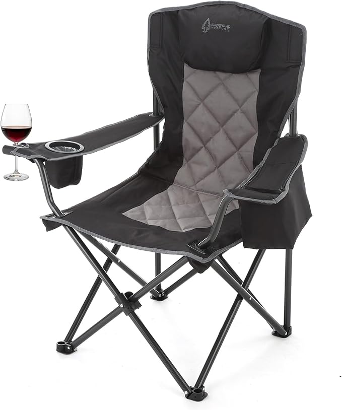 ARROWHEAD OUTDOOR Portable Deluxe Folding Camp Quad Chair w/Headrest Glass &amp Cup Holders Armest 6-can Cooler Heavy Duty Carry Bag 550 lbs Weight Capacity