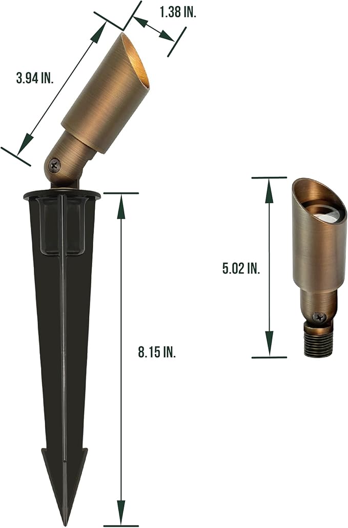GKOLED Mini Size Brass Landscape Spotlight Low Voltage 12V AC/DC Outdoor Directional Up Light 180 LM 3W MR8 LED Bulb ABS Ground Stake 2700K Warm White Garden Patio Trees Spot Uplight
