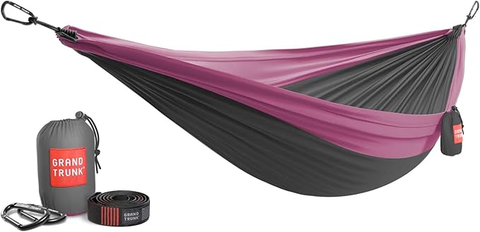 GRAND TRUNK TrunkTech Double Hammock | Ultra-Strong &amp Lightweight | 11 ft Hammock with Ripstop Nylon | 500 lb Capacity | Fast-Drying &amp Weather-Resistant | Charcoal/Magenta