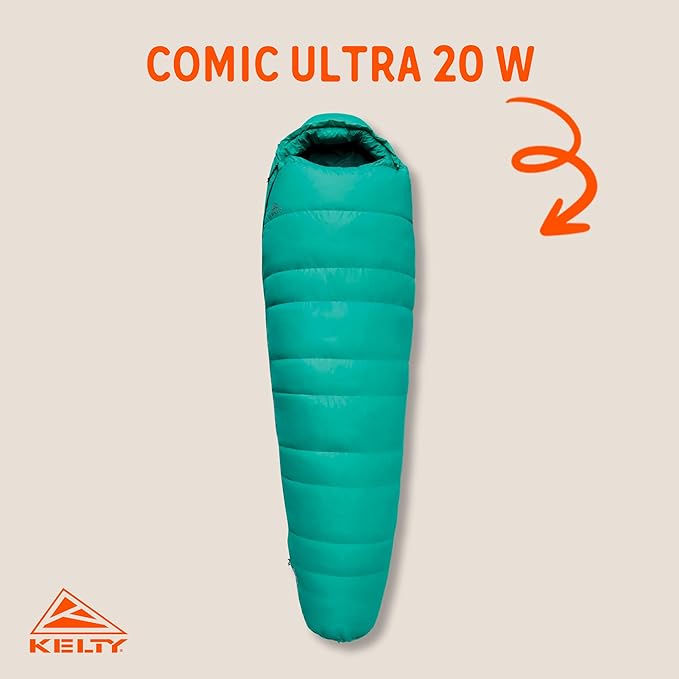 Kelty Cosmic Ultra 20 Degree Sleeping Bag 800 Dridown Premium Thermal Efficiency Soft to Touch Large Footbox Environmental and Health Friendly C0 and PFC-Free DWR Compression Stuff Sack &amp M
