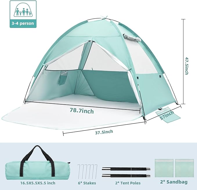 Beach Tent for 3-4 Person Large Easy Setup Beach Shade Canopy with UPF 50＋ UV Protection Portable Shade Tent with 3 Ventilating Mesh Windows for Outdoor Picnics Fishing