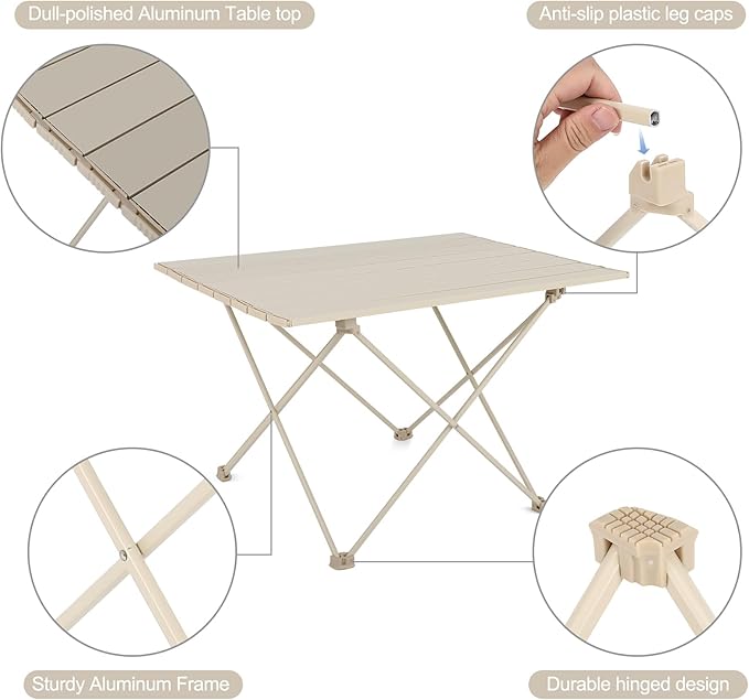 FAHKNS Portable Camping TableFolding Side Table Aluminum Top for Camping Hiking Backpacking Outdoor Picnic（27 D x 18 W x 16 HOff White）