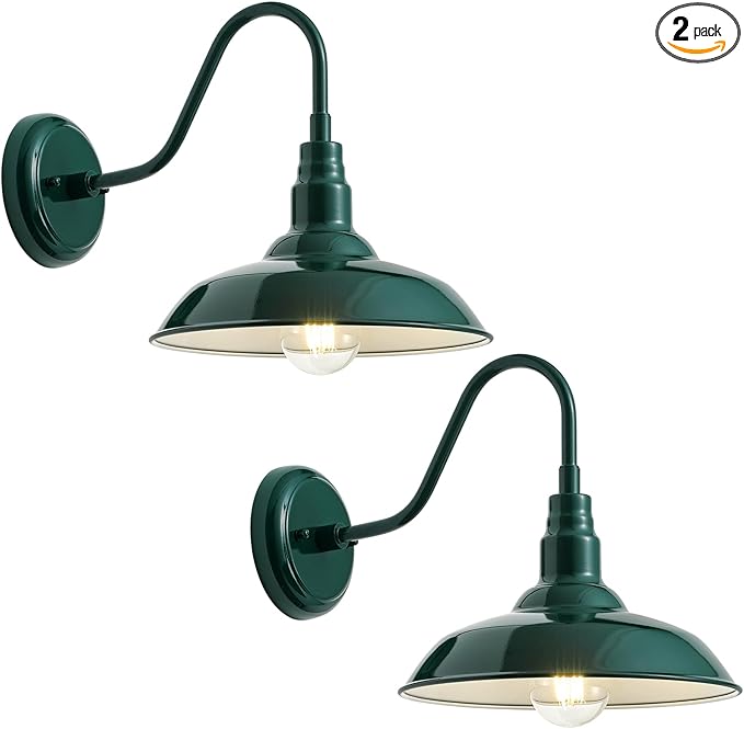 10in Outdoor Gooseneck Barn Light Wall Mount Green Exterior Farmhouse Porch Lights with White Interior Small Dome Outdoor Patio Gooseneck Wall Sconce Garage Lighting for House Cabin