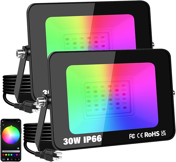 RIGIDON 2 Pack 30W LED Flood Light Outdoor with Plug Smart RGB DIY Scenes Color Changing Landscape Lighting with APP Control IP66 Waterproof Flood Lights for Garden Yards Stage House