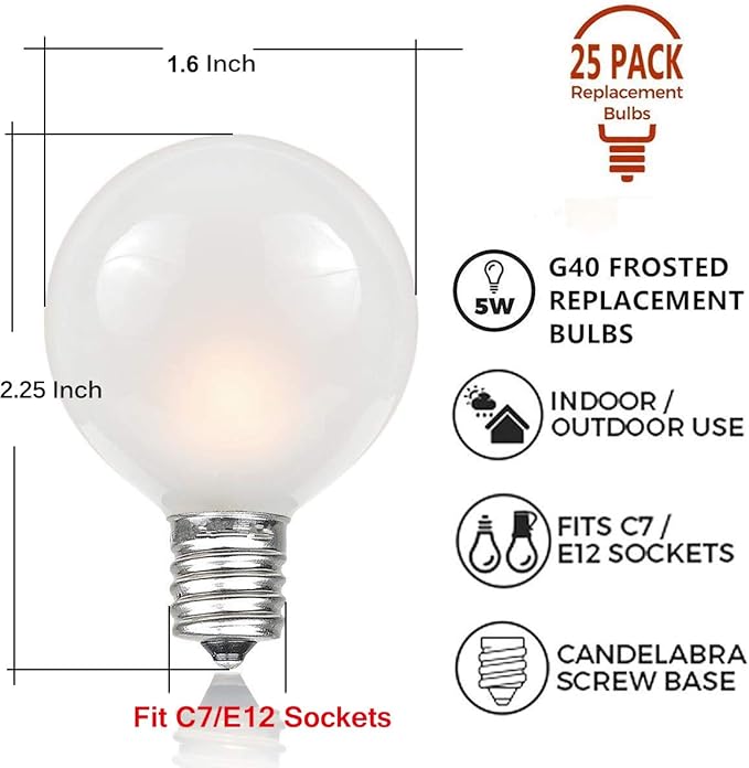 Abeja Outdoor Frosted String Lights G40-25Ft with 27 Clear Bulbs UL Listed for Patio Garden Umbrella Bars Balcony Party Decor Indoor E12 Base 5W White