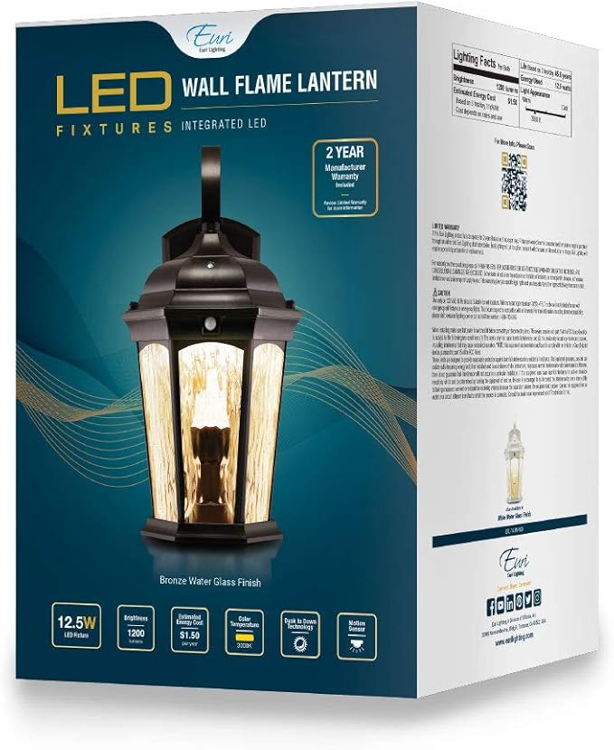 Euri Lighting EFL-130W-MD Flickering Flame Porch Light Water Glass with Integrated Security Light (3000K) Motion-Sensor Dusk-to-Dawn Oil Rubbed Bronze Housing