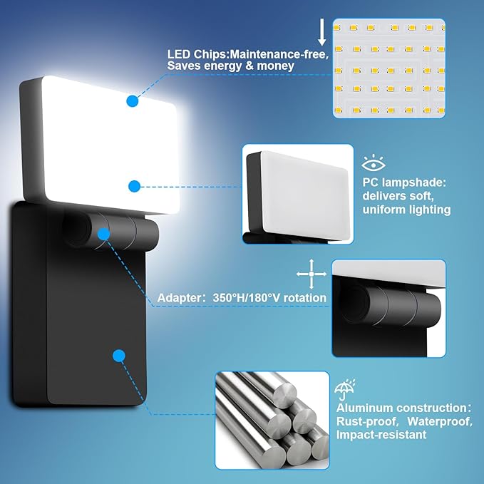 ledmo 60W LED Outdoor Wall Light Switch Control 350° Horizontal/180° Vertical LED Exterior Wall Lights Modern Neighbor Friendly Adjustable Exterior Flood Lighting 5000k for Upper Areas Yard Porch