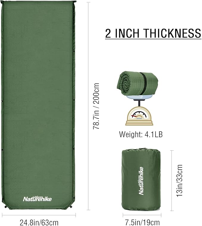 Naturehike Sleeping Pad 2 inch Thick Self Inflating Sleeping Pad for Camping Durable Camping Mattress Connectable with Multiple Lightweight Sleeping Mats for Backpacking Tent Hammock Hiking
