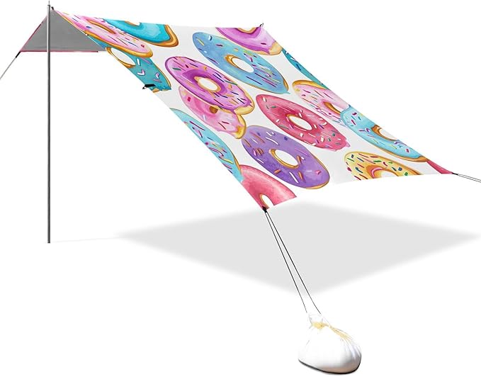Colorful Donut Beach Tent Sun Shelter 9.2' x 10.5' Beach Canopy with 4 Sandbags 4 Stability Poles Sand Shovels - Tent Canopy for Beach Camping Fishing Picnics