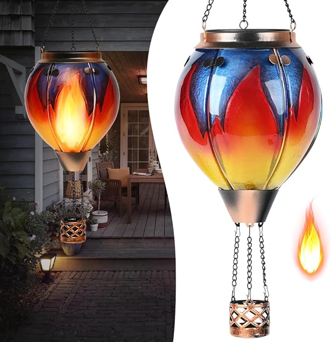 Hot Air Balloon Solar Lantern - Simulated Flickering &amp Dancing Flame Glass Lantern  Outdoor Hanging Yard Light Waterproof IP65 for Garden Patio Lawn Porch Decor Gift