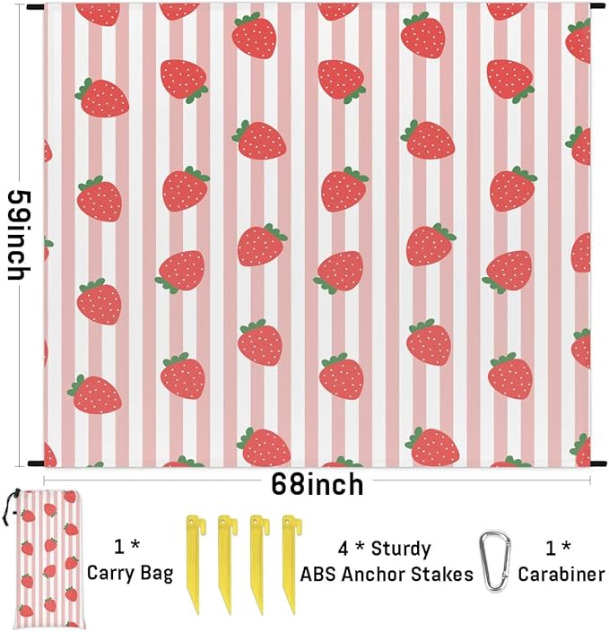 Strawberry Strip Lightweight Beach Blanket Waterproof Sandproof 59X68 Sand Free Beach Mat with 4 Stakes Compact Outdoor Blanket for Beach Quick Drying Picnic Mat for Travel Camping