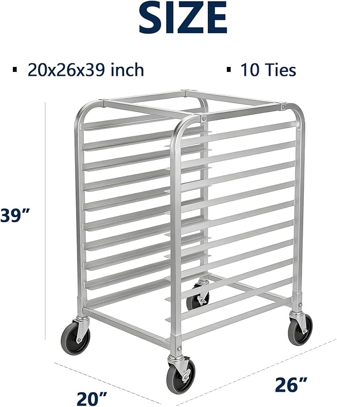 10 Tier Aluminum Bun Pan Rack with Lockable Wheels Mobile Commercial Bread Cooling Rack Trolley for Kitchen Bakery Restaurant 20 W x 26 D x 39 H Storage Cart