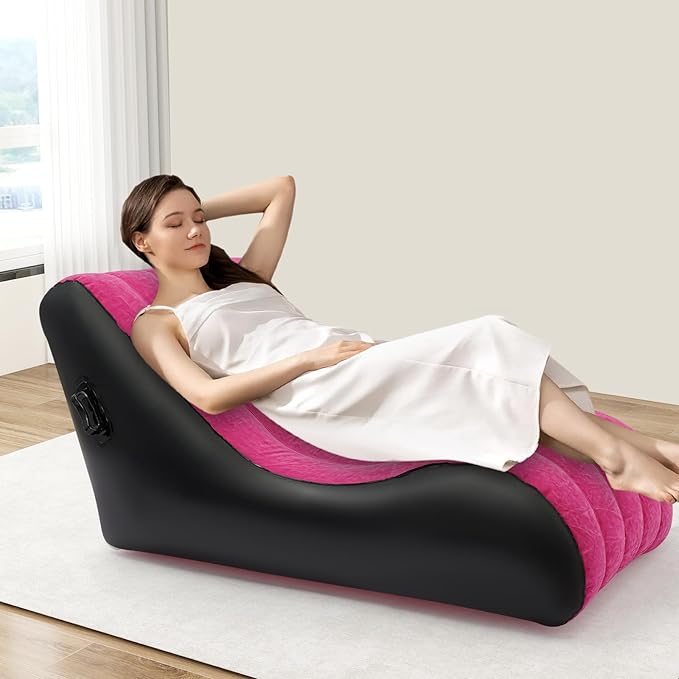 Air Mattress Bed S-Shape Inflatable Sofa with Pump Inflatable Chair Air Couch Flocked Surface Waterproof Portable Blow Up Bed for Camping Lounge Beds for Afternoon Rest (Pink)