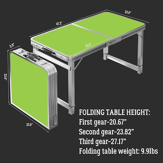 DEOMAi 4ft Folding Table without Installation Indoor Outdoor Adjustable Height foldable Table with Carrying Handle Suitable for Camping Picnics PartiesBanquets and Various other Occasions (Green)