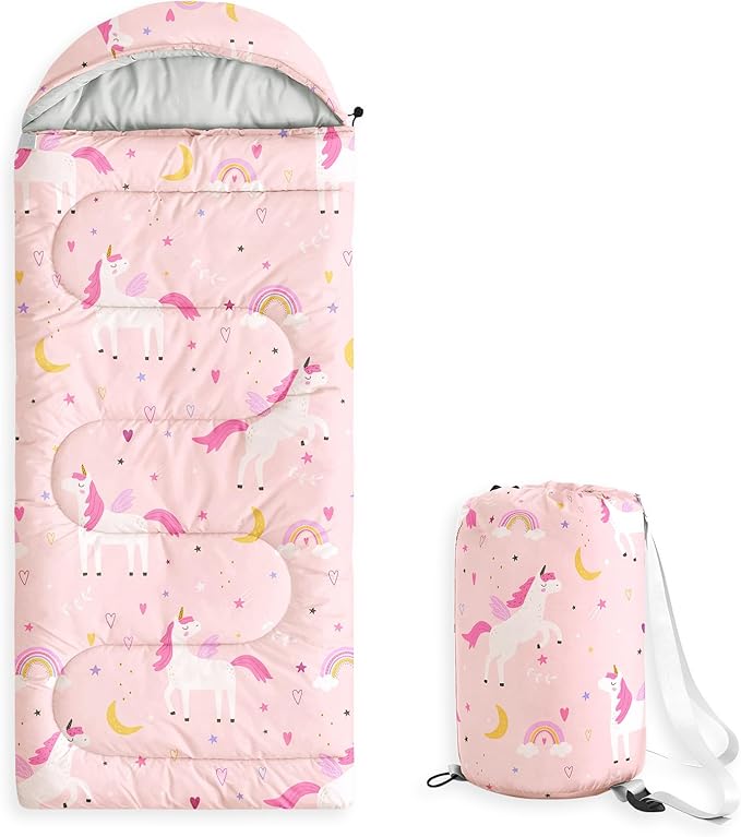Wake In Cloud - Kids Sleeping Bag for Girls Toddlers Camping in Warm Cold Weather Backpacking Lightweight Compact Outdoor Liner for 3 Seasons Celestial Unicorns