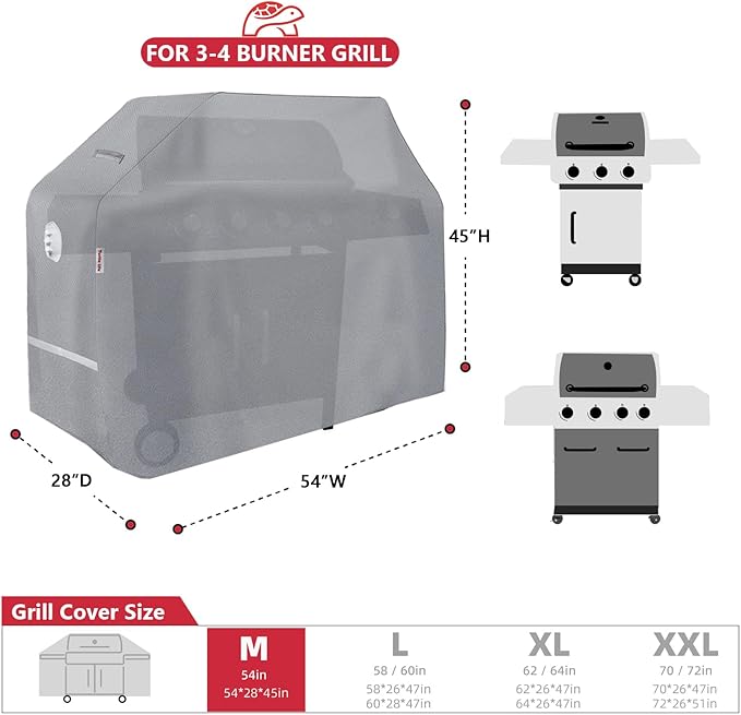 Turtle Life BBQ Grill Cover 54 Inch Heavy Duty Waterproof 3-4 Burner Barbecue Gas Grill Covers for Weber Spirit Char-Broil Brinkmann Gray