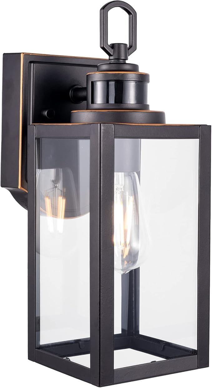 Dusk to Dawn Outdoor Wall Lantern PIR Motion Sensor Wall Sconce as Porch Lighting Fixture E26 Medium Base Metal Housing Plus Glass Bulbs not Included