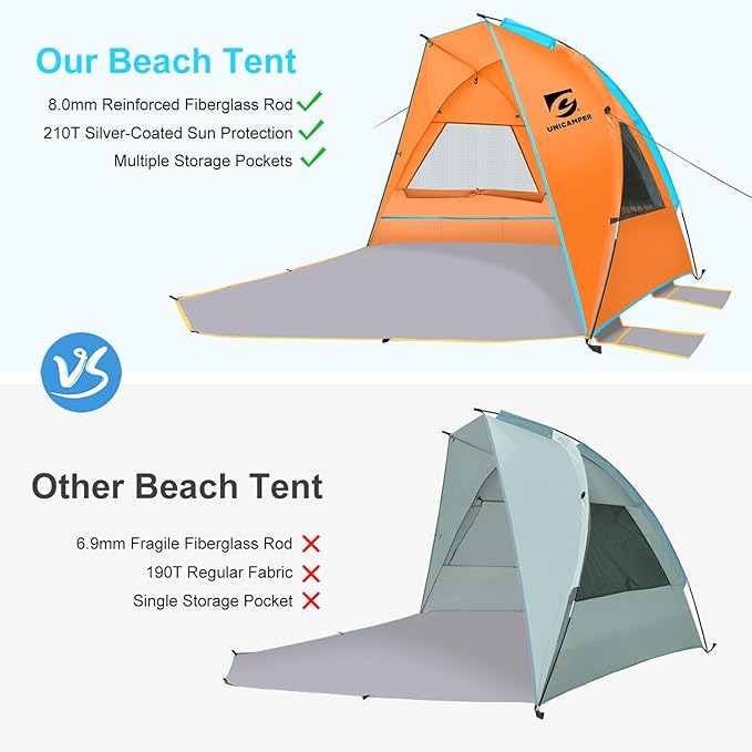 Beach Tent 2-3 Person Sun Shelter UPF 50+ with Extended Waterproof Pe Floor &amp 3 Mesh Roll Up Windows Fits Portable Beach Shade Easy Setup for Outdoor Camping Indoor Fishing Yard. (Orange)