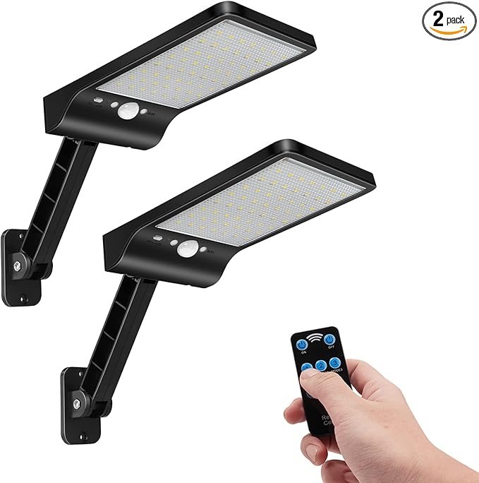 Aqonsie 56LED Solar Flood Light Outside Security Motion Sensor Lights with Remote 3 Lighting Modes with Remote for Backyard Gutter Garage Shed 2 Pack