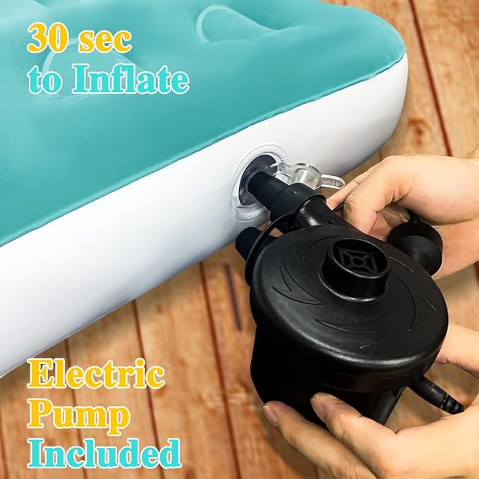 Inflatable Kids Travel Bed Toddler Air Mattress SetPortable Blow Up Mattress Sleeping Bed Cot with Bed Rails and Electric Pump Ideal for Road Trip