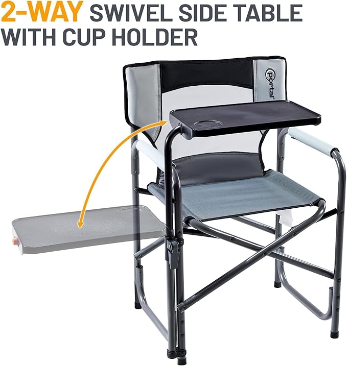 Portal Folding Director Chair with 2-Way Rotating Side Table Heavy Duty 300 lb Camping Chair with Swivel Tray &amp Cup Holder Ergonomic Mesh Back Portable Outdoor Seat for RV Tailgating &amp Lawn