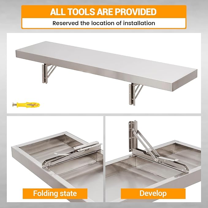 Folding Concession Shelf 36 x 12 Stainless Steel Drop Down Folding Serving Food Shelves Heavy Duty Foldable Wall Mount Shelving Rack for Concession Windows Kitchen Garage Restaurant