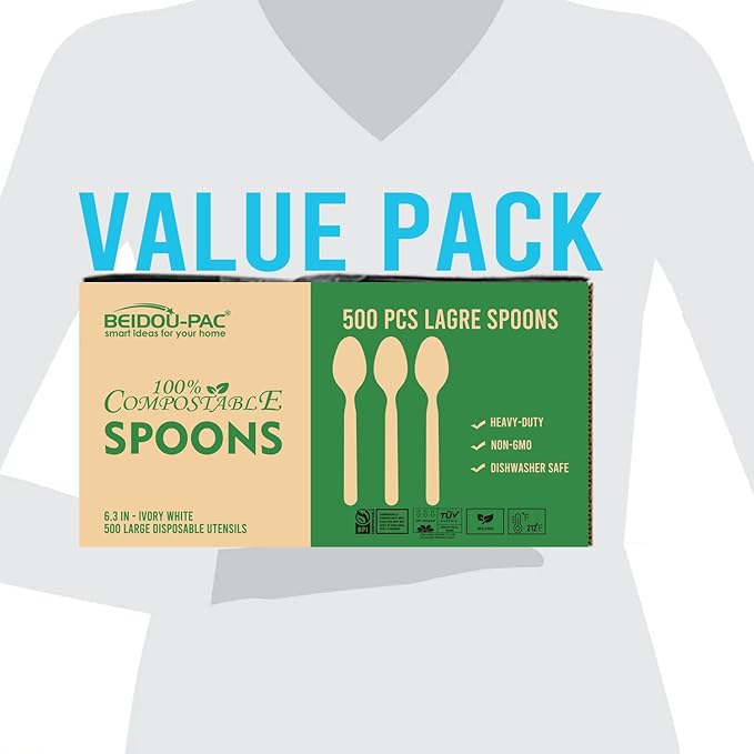 500 Count Compostable Disposable Non Plastic Spoons Large Heavy Duty Biodegradable Utensils Eco Friendly Durable Sturdy Recyclable Spoons Flatware Silverware for Party Wedding Daily Use