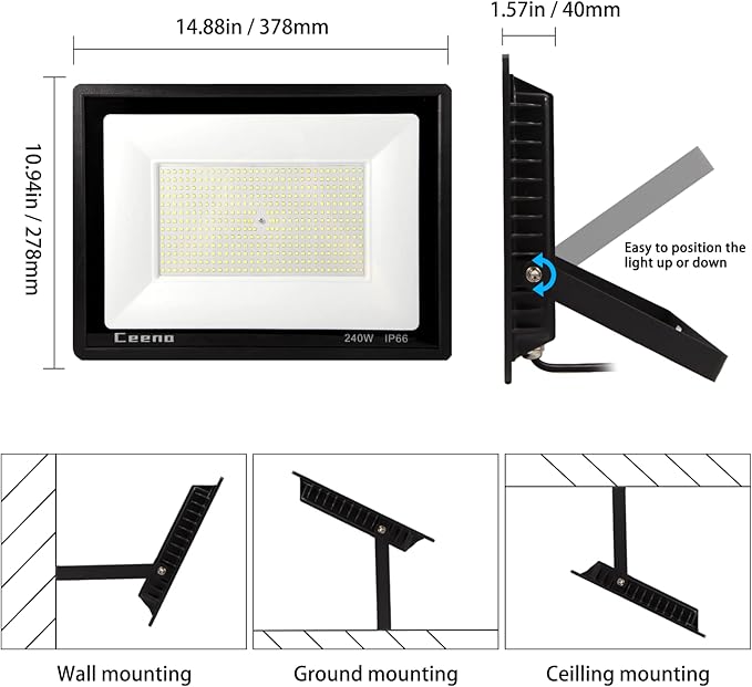 Ceena 2 Pack 240W Hardwired LED Flood Light Outdoor 24000lm Super Bright Floodlight IP66 Waterproof 6000K Daylight White Exterior Lights for Basketball Court Playground Stadium