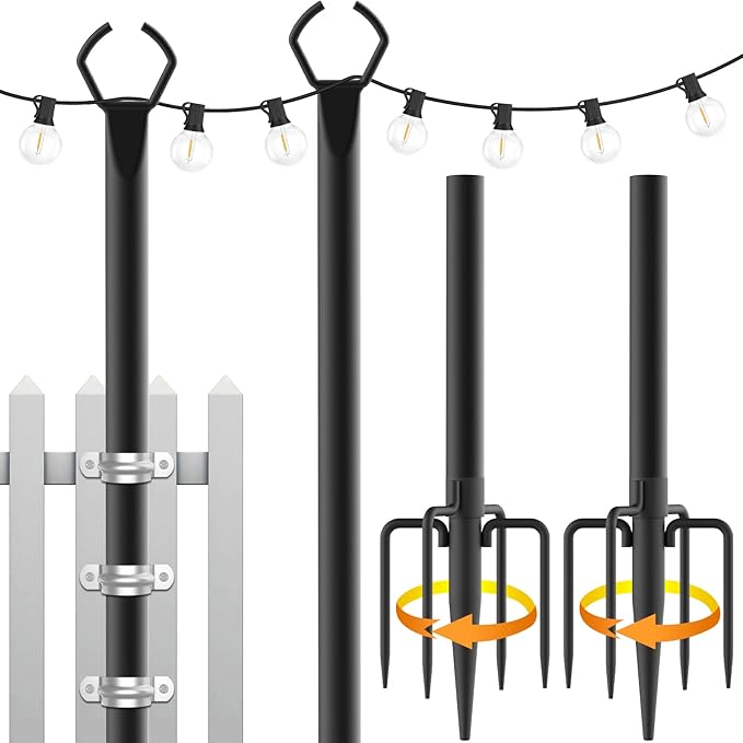2 Pack String Light Poles10 Ft Light Poles for Outside String LightsOutdoor Lights Pole with ForkMetal Poles Stand for Patio Deck Backyard (10FT 2 Pack)