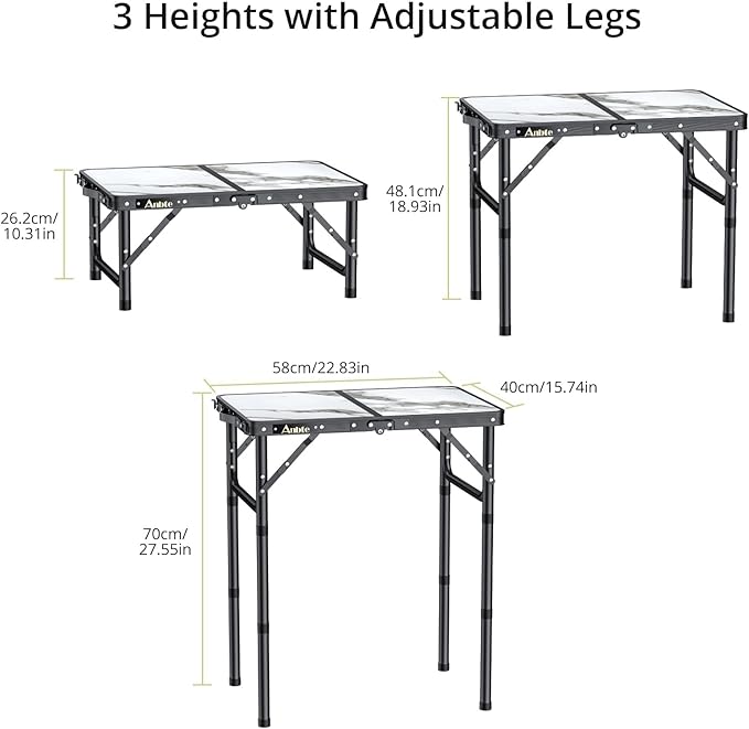 Anbte Folding Camping Table with Storage Net 3 Adjustable Height Max 27.5 Aluminum Small Folding Table Portable Table with Carry Handle Lightweight for Outdoor Indoor Travel Camping Picnic
