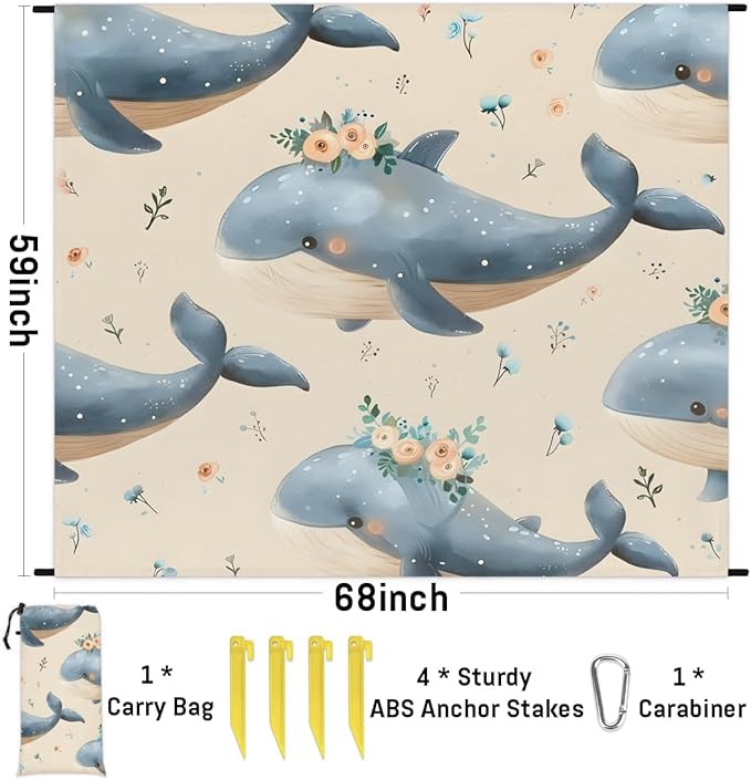 Waterproof Sandproof Beach Blanket 59''×68'' Ocean Whales Polyester Outdoor Picnic Blanket with 4 Stakes &amp Storage Bag for BeachCampingVacation Beige